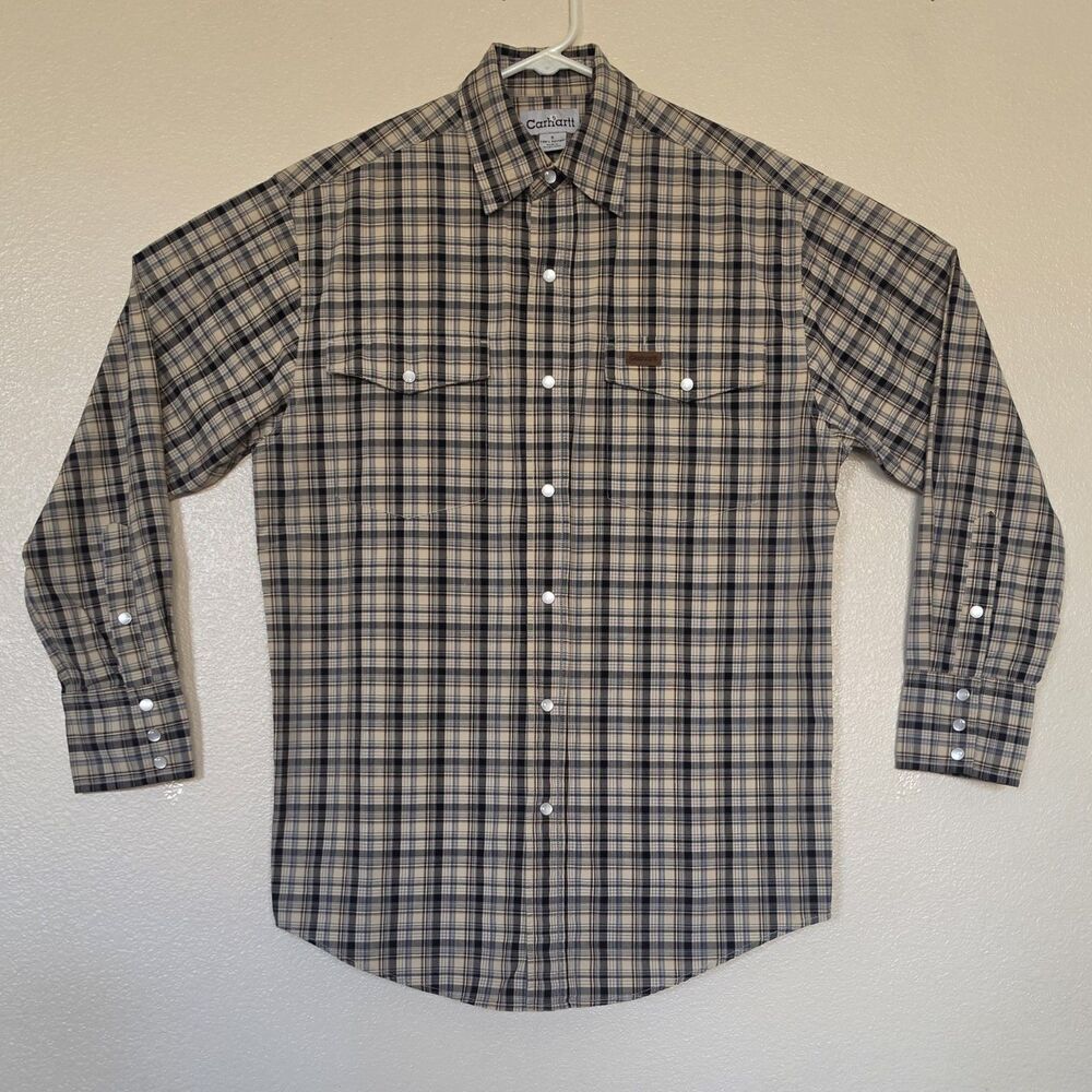 Carhartt Men's Small Pearl Snap Work Shirt Beige Blue Plaid Long Sleeve